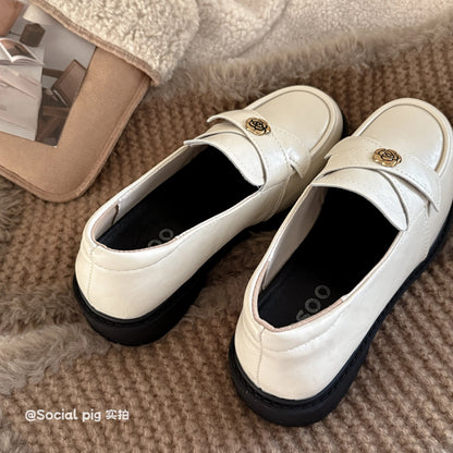 Social Pig British Style Round Toe Platform Brown Loafers Women's Slip-on Vintage Style Distressed Leather Shoes