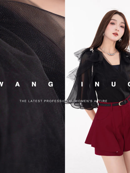 MD Yinuo [Tender and Charming] 2025 Summer Tea Break Style All-match Fashion French Style Waist Top Shirt