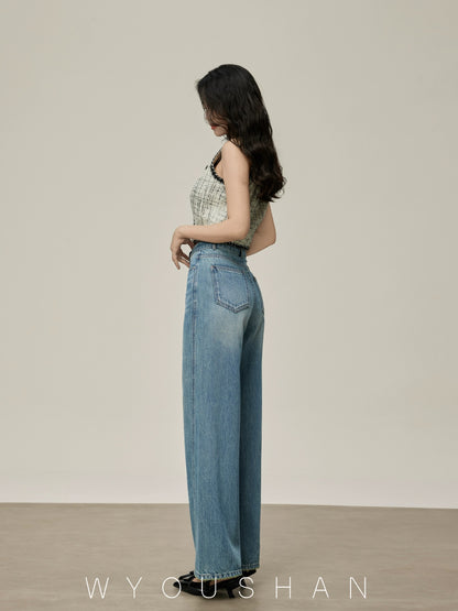 5201 Wang Youshan high waist jeans women's loose new 2024 summer straight wide leg pants for small people