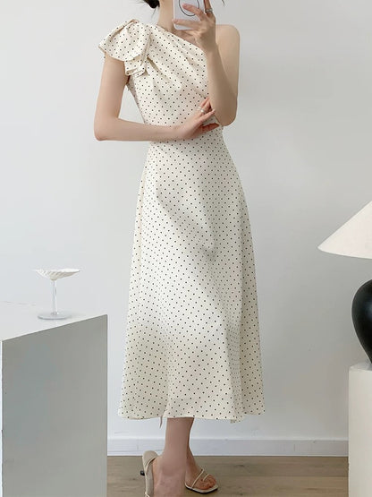 YAHI French sexy A-line dress summer thin versatile off-shoulder waist long polka dot dress