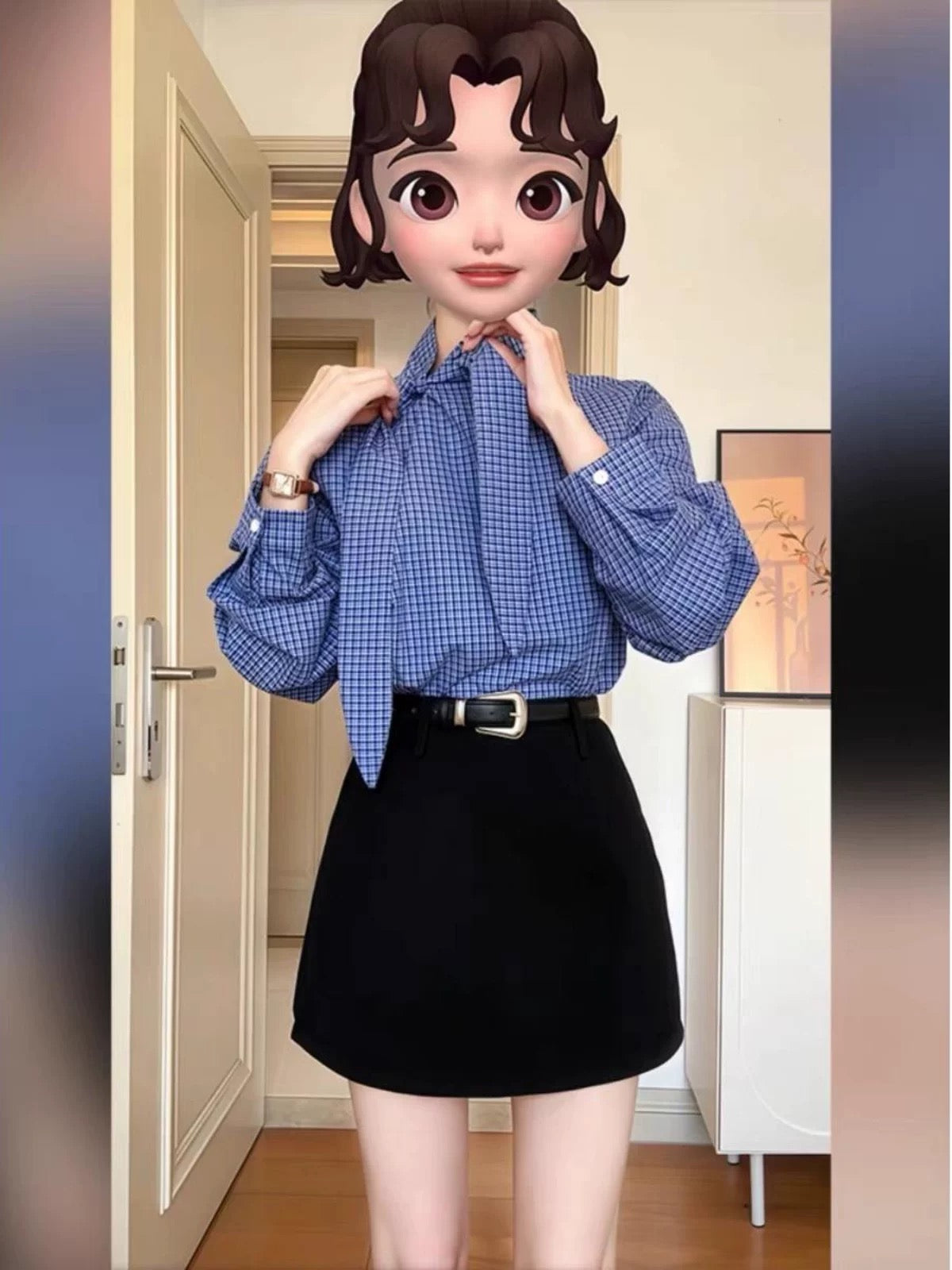 2025 super hot two spring outfits for spring wear, temperament design, niche bunny ear collar, plaid shirt, short skirt, petite