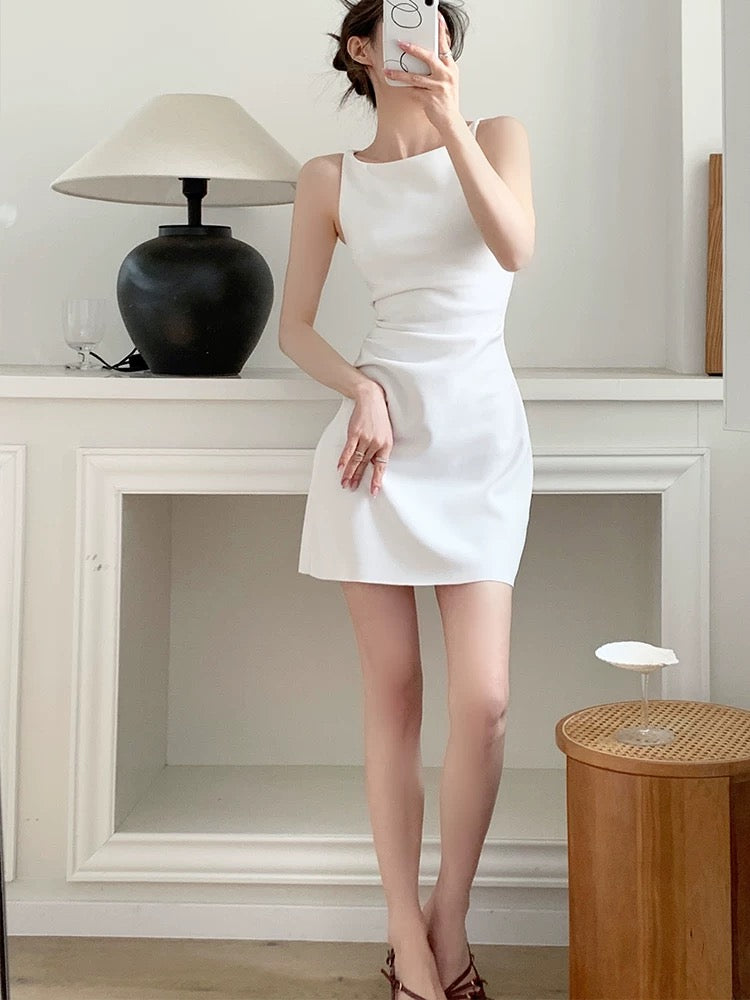 YAHI short French simple white one-shoulder sling dress temperament slim dress children
