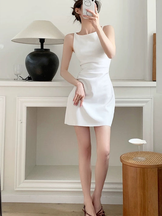 YAHI short French simple white one-shoulder sling dress temperament slim dress children