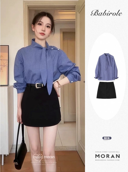 2025 super hot two spring outfits for spring wear, temperament design, niche bunny ear collar, plaid shirt, short skirt, petite