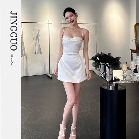 【JINGGUO Luxury】Niche Design French Satin Textured Tie-Waist Slim Fit Elegant Mini Skirt 7681