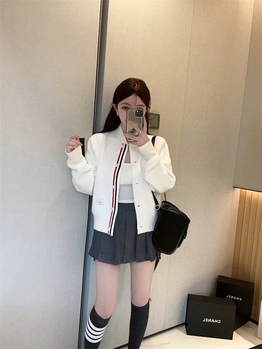 Spot 2023 autumn and winter high version TB age-reducing back red, white and blue webbing woolen short jacket stand-up collar baseball uniform trendy