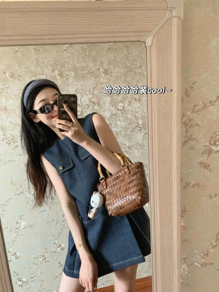 American Retro Hot Girl Sleeveless Vest Denim Dress Women's Summer New Salt Style Street Style A-Line Skirt