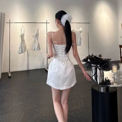 【JINGGUO Luxury】Niche Design French Satin Textured Tie-Waist Slim Fit Elegant Mini Skirt 7681