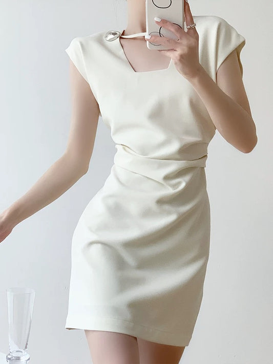 YAHI petite French sleeveless dress for women summer new style stylish design square collar high waist apricot white short skirt
