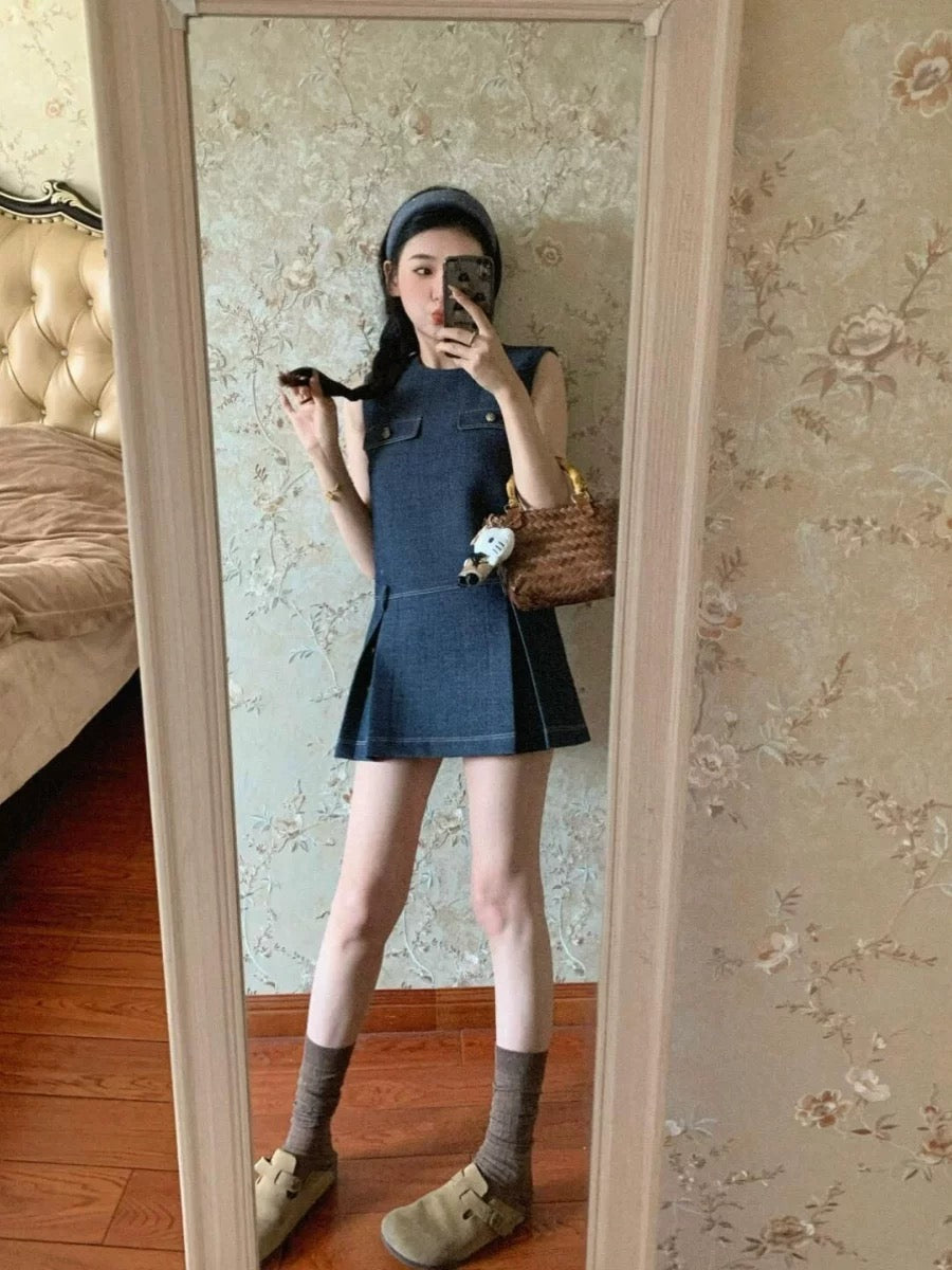 American Retro Hot Girl Sleeveless Vest Denim Dress Women's Summer New Salt Style Street Style A-Line Skirt