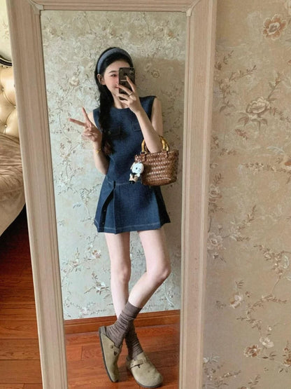 American Retro Hot Girl Sleeveless Vest Denim Dress Women's Summer New Salt Style Street Style A-Line Skirt