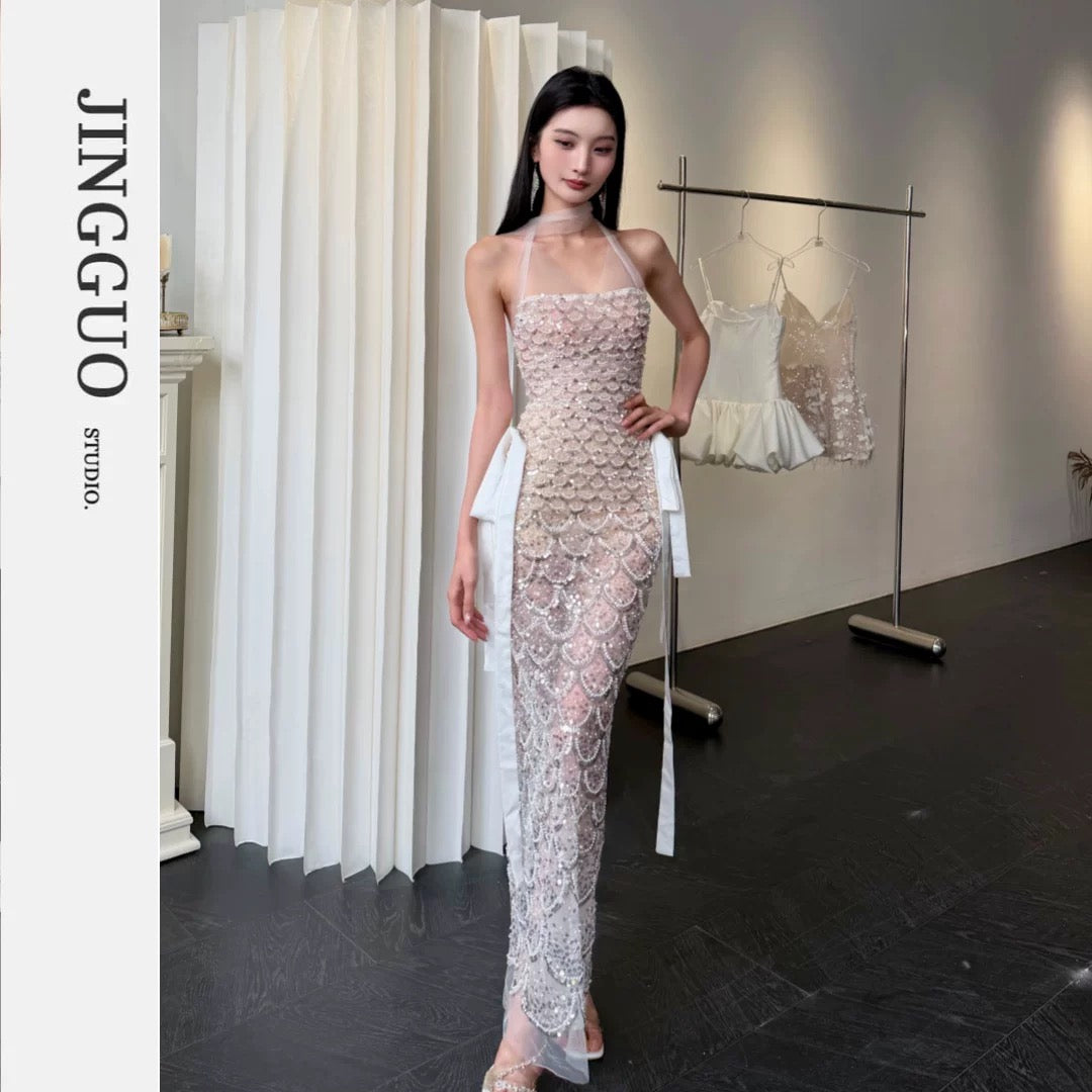 【JINGGUO Luxury】Niche French-style Heavy-duty Beaded Sequined Fish Scale Pattern Slightly Sheer Slim Fit Evening Dress 7619