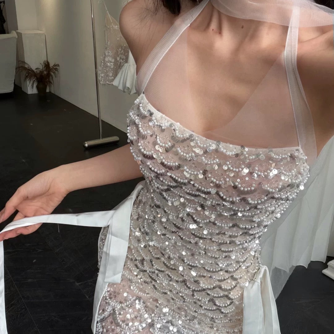 【JINGGUO Luxury】Niche French-style Heavy-duty Beaded Sequined Fish Scale Pattern Slightly Sheer Slim Fit Evening Dress 7619