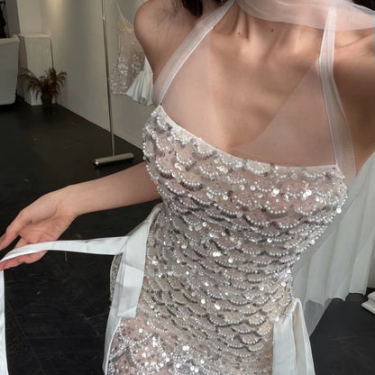 【JINGGUO Luxury】Niche French-style Heavy-duty Beaded Sequined Fish Scale Pattern Slightly Sheer Slim Fit Evening Dress 7619
