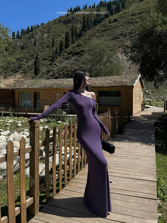 VENUIE Purple One-Shoulder Knit Maxi Dress – Long-Sleeve, Slim-Fit, Hip-Hugging Mermaid Style; Flattering, Elegant Vacation Dress