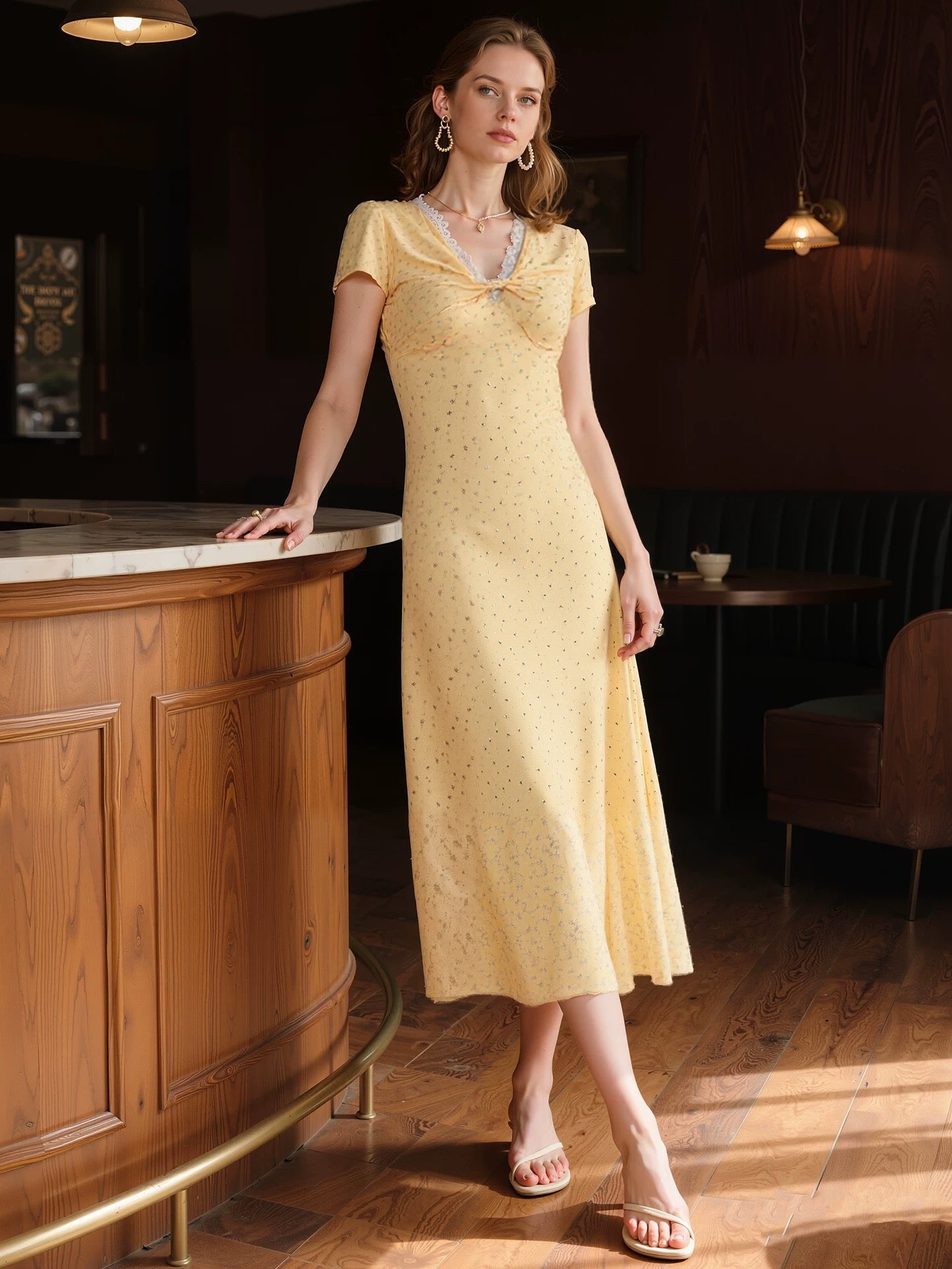 Blue floral dress female 2025 summer new French retro lace splicing v-neck short-sleeved long skirt