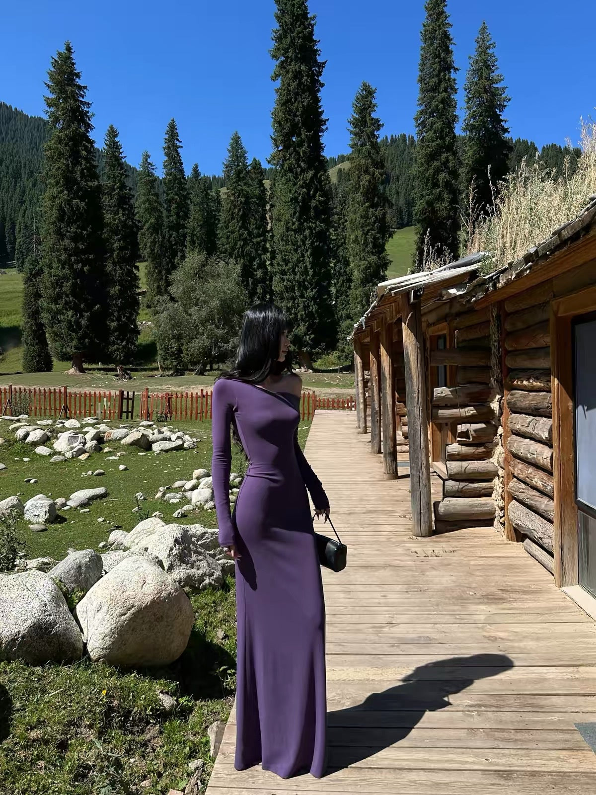 VENUIE Purple One-Shoulder Knit Maxi Dress – Long-Sleeve, Slim-Fit, Hip-Hugging Mermaid Style; Flattering, Elegant Vacation Dress