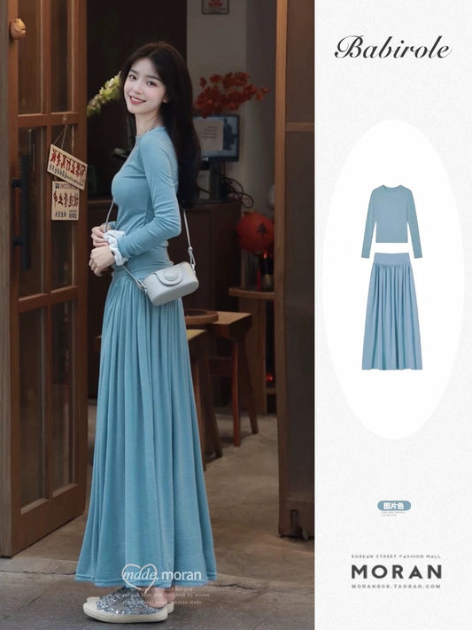 A complete set of spring outfits ootd slimming blue top half long skirt 2025 super hot two-piece suit for women