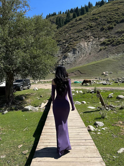 VENUIE Purple One-Shoulder Knit Maxi Dress – Long-Sleeve, Slim-Fit, Hip-Hugging Mermaid Style; Flattering, Elegant Vacation Dress