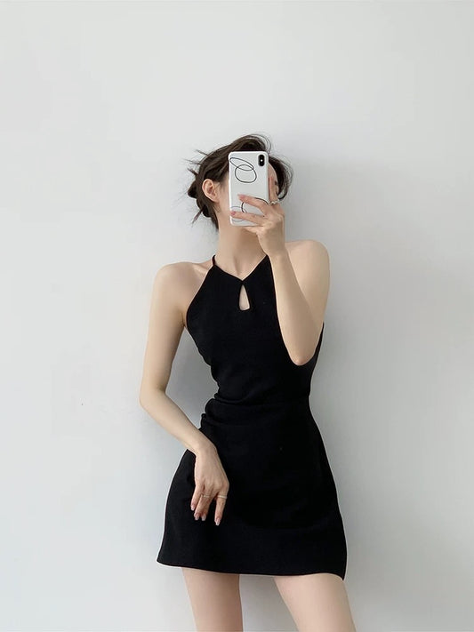 YAHI sexy slim simple sleeveless temperament slim Kendou short dress halter neck dress women's clothing