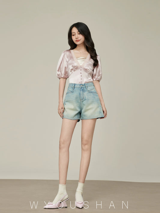 055 Wang Youshan Light Color Denim Shorts Women's Loose Summer High Waist Hot Pants New 2024 Thin A-Line Pants