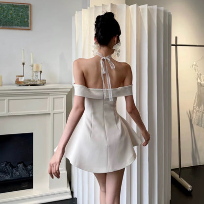 【JINGGUO Luxury】Niche French-style Off-the-Shoulder Slim Fit Dress with a Pure and Elegant Sophistication 7675