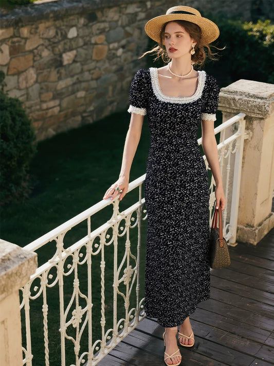 Black floral dress for women 2025 summer new style high-end Korean style slim fit temperament waist long skirt