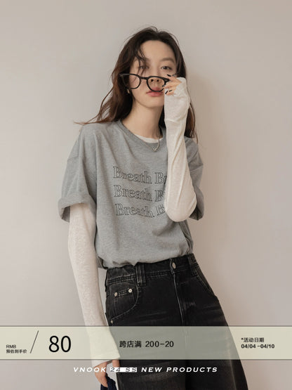 VNOOK letter round neck T-shirt for women 2024 spring new casual pure cotton loose off-shoulder brushed knitted top