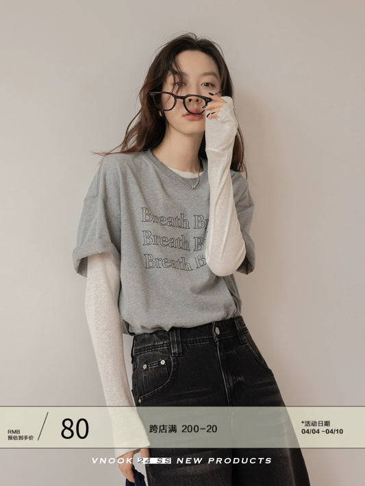 VNOOK letter round neck T-shirt for women 2024 spring new casual pure cotton loose off-shoulder brushed knitted top