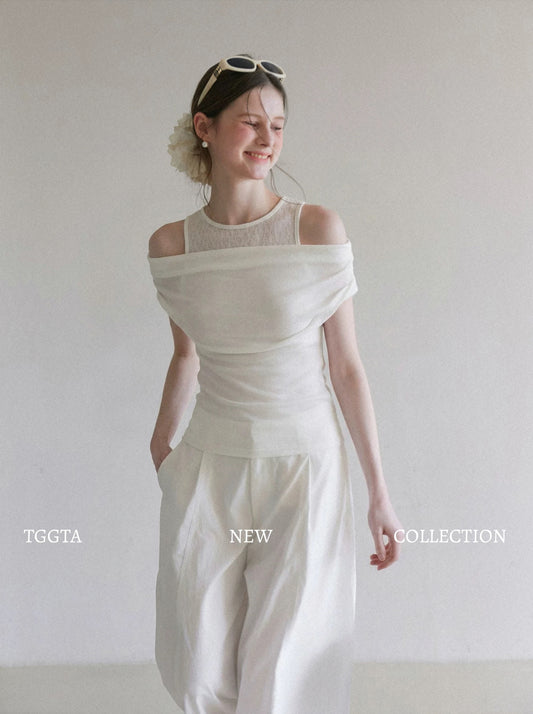 TGGTA White Halter Neck Faux Two-Piece Short-Sleeve T-Shirt Women's Summer 2026 New Slim Fit Off-Shoulder Top