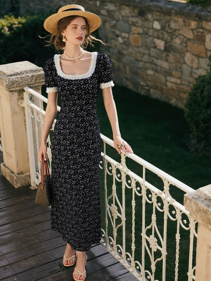 Black floral dress for women 2025 summer new style high-end Korean style slim fit temperament waist long skirt