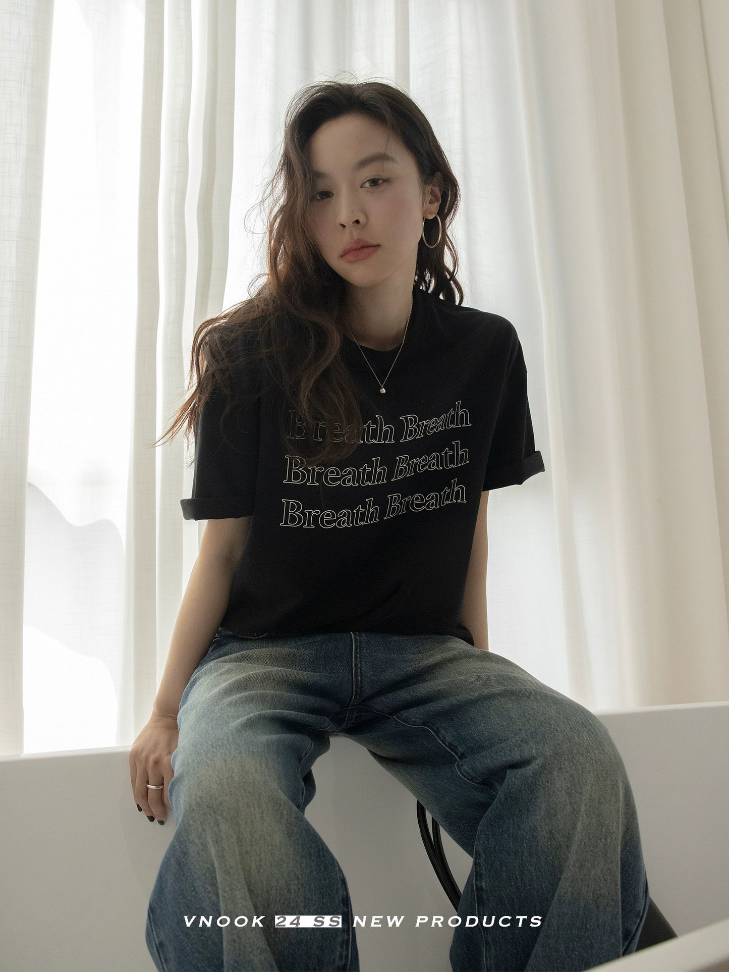 VNOOK letter round neck T-shirt for women 2024 spring new casual pure cotton loose off-shoulder brushed knitted top