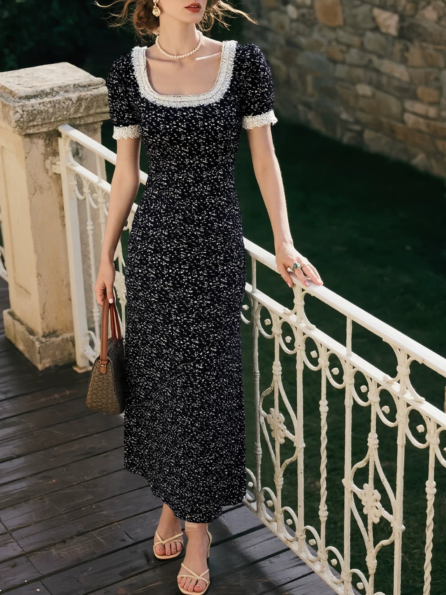Black floral dress for women 2025 summer new style high-end Korean style slim fit temperament waist long skirt