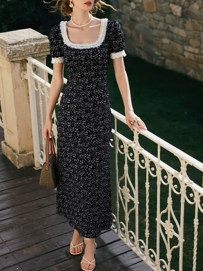 Black floral dress for women 2025 summer new style high-end Korean style slim fit temperament waist long skirt