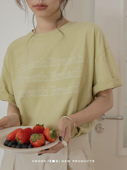 VNOOK letter round neck T-shirt for women 2024 spring new casual pure cotton loose off-shoulder brushed knitted top