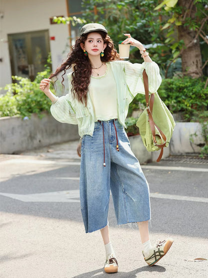 Chen Jiajie "Moonlight Like Silk" – New 2026 Women's Summer High-Waisted, Loose-Fit, Slimming Cropped Wide-Leg Jeans