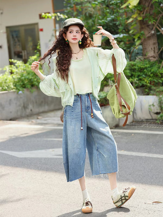 Chen Jiajie "Moonlight Like Silk" – New 2026 Women's Summer High-Waisted, Loose-Fit, Slimming Cropped Wide-Leg Jeans