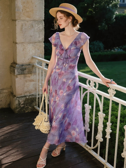 Purple printed dress for women 2025 summer new French ruffle design V-neck waist long skirt