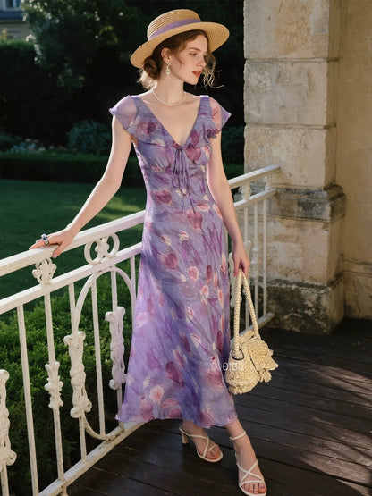Purple printed dress for women 2025 summer new French ruffle design V-neck waist long skirt