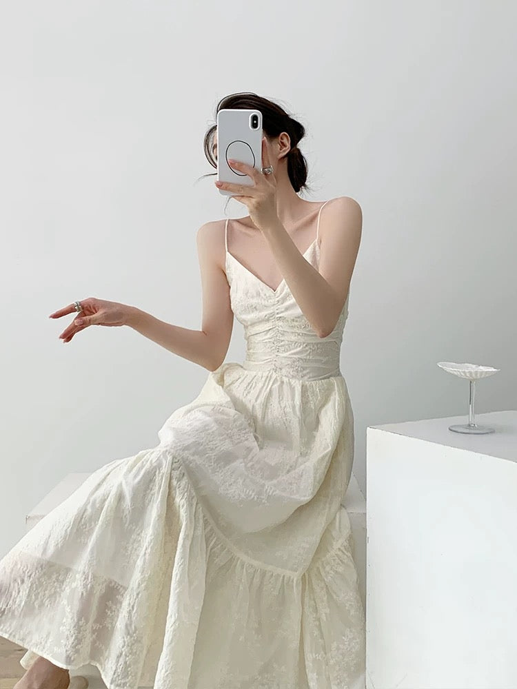 YAHI beige high-grade jacquard dress for women 2025 summer new slim A-line suspender dress long skirt