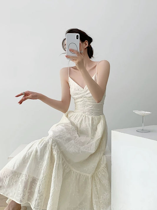 YAHI beige high-grade jacquard dress for women 2025 summer new slim A-line suspender dress long skirt