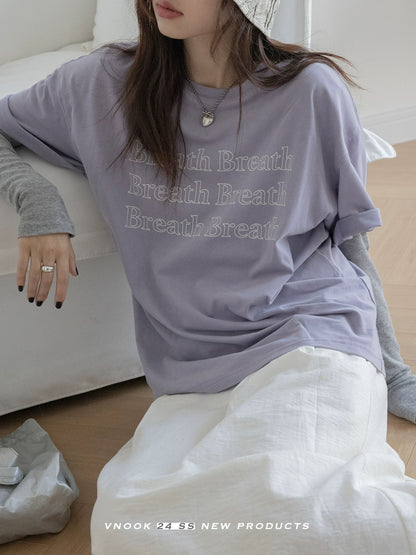 VNOOK letter round neck T-shirt for women 2024 spring new casual pure cotton loose off-shoulder brushed knitted top