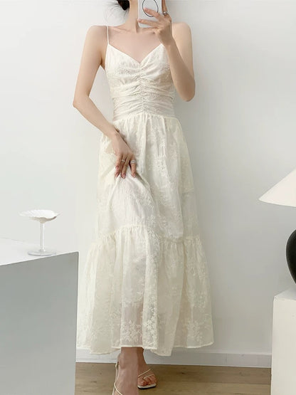YAHI beige high-grade jacquard dress for women 2025 summer new slim A-line suspender dress long skirt