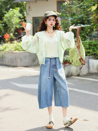 Chen Jiajie "Moonlight Like Silk" – New 2026 Women's Summer High-Waisted, Loose-Fit, Slimming Cropped Wide-Leg Jeans