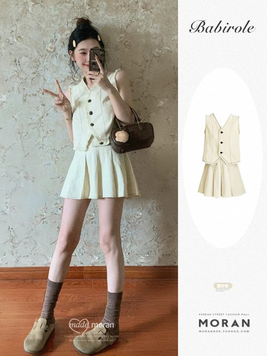 Salt style street cool cool sister suit skirt vest top pleated skirt college style age-reducing two-piece summer set