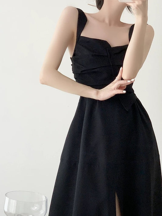 French pleated black dress new spring and summer temperament advanced design niche sexy slit suspender skirt