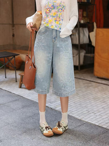Chen Jiajie "Seeking Plum Blossoms in the Snow" – Women's Vintage-Wash Cropped Wide-Leg Embroidered Denim Pants (Casual Summer Fit)
