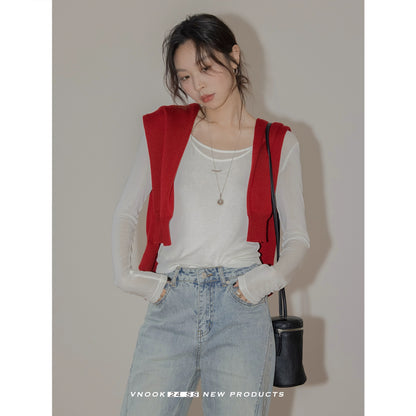 VNOOK layered two-piece bottoming shirt, high elasticity, slimming new top, high quality u-neck Tencel sweater for women
