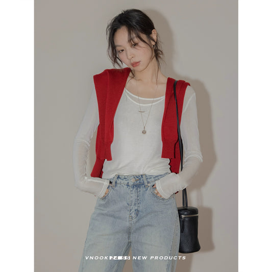 VNOOK layered two-piece bottoming shirt, high elasticity, slimming new top, high quality u-neck Tencel sweater for women