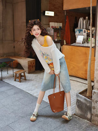 Chen Jiajie "Seeking Plum Blossoms in the Snow" – Women's Vintage-Wash Cropped Wide-Leg Embroidered Denim Pants (Casual Summer Fit)